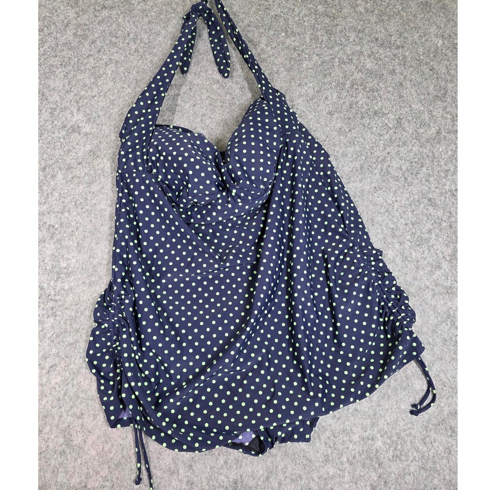 Swimsuits For All One Piece Halter Swimdress Navy Polka Dot Ruched Swimwear 24 - Picture 2 of 10